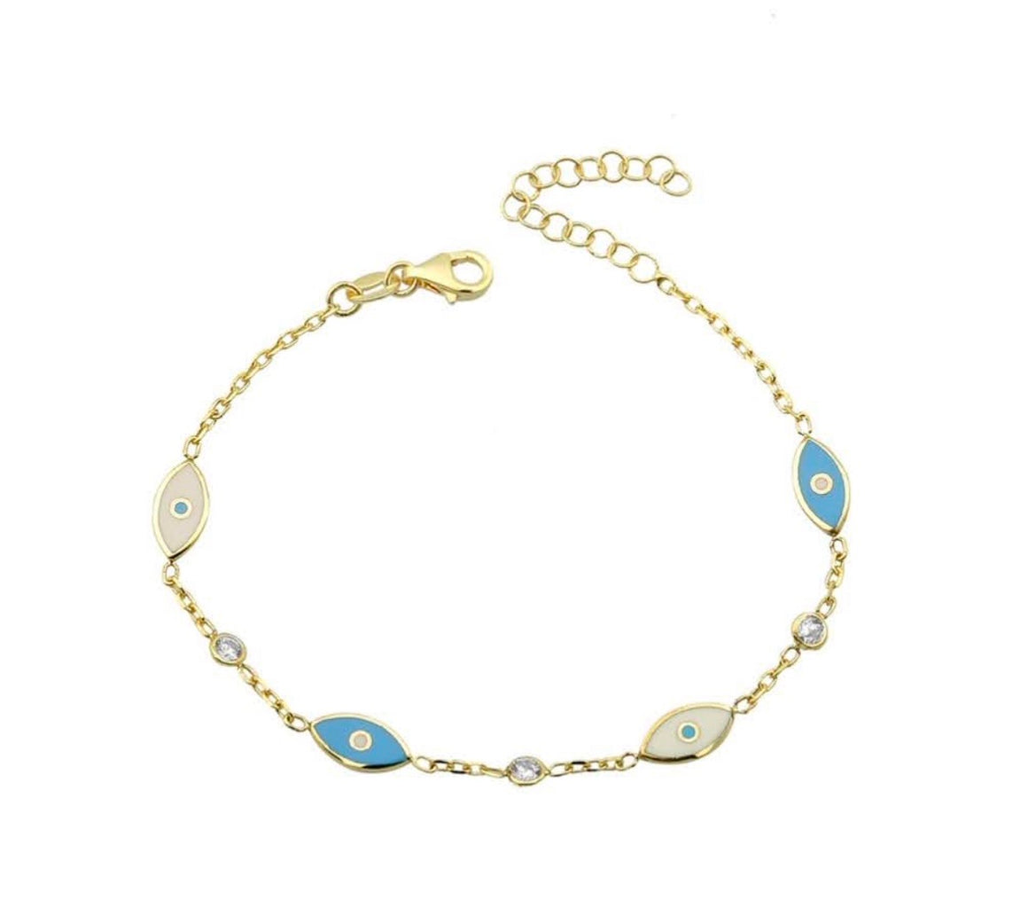 Blue and white enamel dainty evil eye bracelet